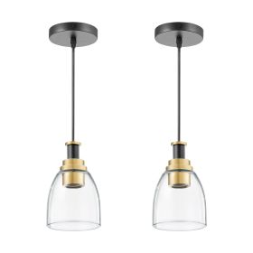 1-Light Pendant Light, 2 Pack, Kitchen Island Lights with Clear Glass Shade & Hanging Cord, Black and Gold Finish, Adjustable Height