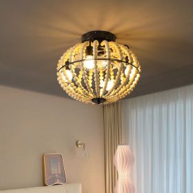 18" Bohemian Wood Beaded Ceiling Fan with Light, Flush Mount Caged Ceiling Fan