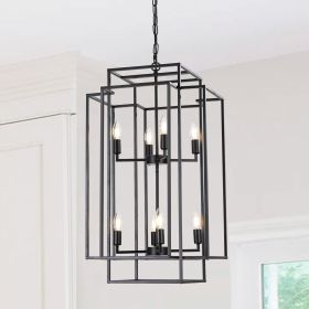 (Same as W1340142527/L1018-B) 18" Modern 8-Light Black Geometric Pendant Chandelier, Industrial Metal Frame, Adjustable Hanging Light for Living