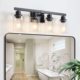 24" Modern Black 4-Light Bathroom Vanity Light Fixture, Industrial Wall Sconce with Clear Glass Shades for Mirror, Bathroom, Bedroom