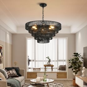 24" Rustic 5-Tier Black Hemp Rope Pendant Light Chandelier with 8 E12 Sockets, Boho Farmhouse Ceiling Fixture for Dining Room, Kitchen (Color: Black, Material: Iron)