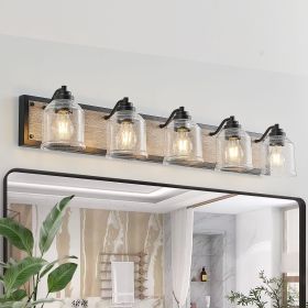 40" Farmhouse Vanity Light Fixture, 5-Light Bathroom Wall Sconce with Clear Seeded Glass Shades, Black and Wood Grain Finish (Color: Black, Material: Iron)