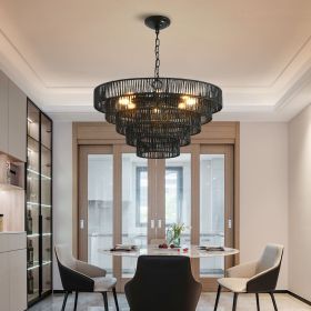 24" Rustic 5-Tier Black Hemp Rope Pendant Light Chandelier with 8 E12 Sockets, Boho Farmhouse Ceiling Fixture for Dining Room, Kitchen (Color: Black, Material: Iron,Rope)