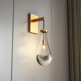 Brass Wall Sconce, Modern Raindrop Glass Shade, Dimmable LED E12 Bulb, Fits Bathroom, Vanity, Living Room, Brass, 1 Pack (Color: Gold, Material: Iron)