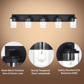 5/6-Light Vanity Light in Matt Black Finish, Vintage Farmhouse Mirror Lights with Clear Glass Shade. (Color: Black, Numbers of Light: 5-Light)
